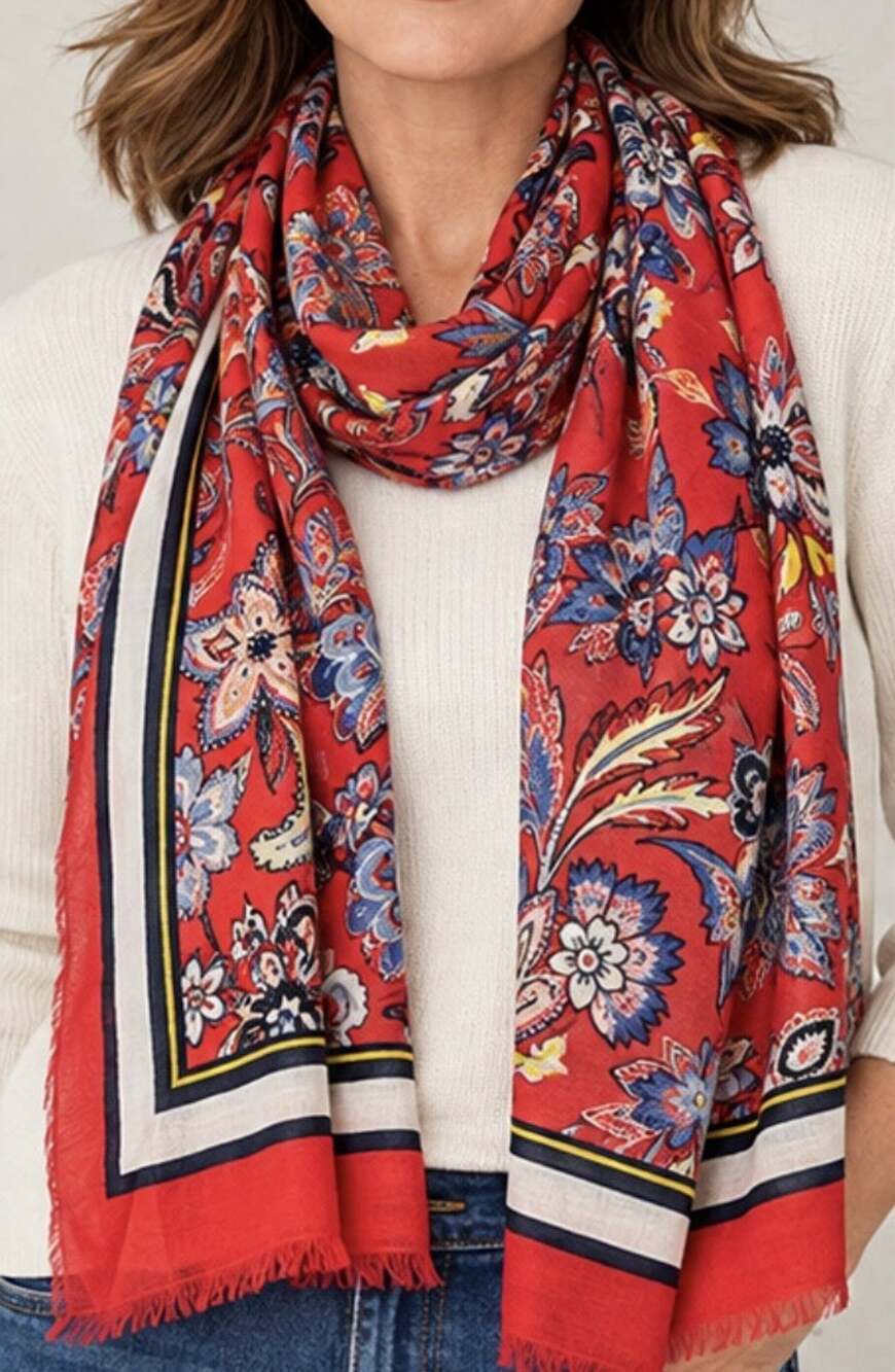 Talbots Scarf NWT Red Floral Paisley Print Lightweight Wrap Shawl 72” x 26”